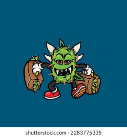 nug weed vector smoking joint and bong hold bud cartoon monster