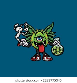 vectores de maleza nug cigarrillo articulación y bong hold bud caricatura monstruo