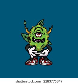 Nackenkraut-Vektorrauchgelenk und Bong-Hold-Bud-Cartoon-Monster