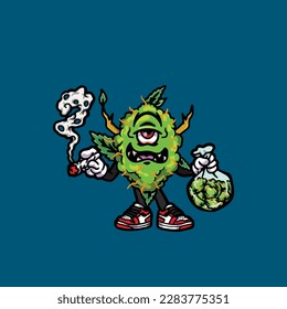 vectores de maleza nug cigarrillo articulación y bong hold bud caricatura monstruo