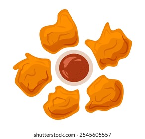 Nuggets alrededor de Ketchup en un bote de salsa. Trozos de pollo frito con salsa de tomate o barbacoa. Comida rápida, plato frito dañino. Merienda. Aislado sobre fondo blanco. Vista superior. Ilustración vectorial de color plana