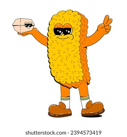 Nuggets character in retro cartoon style. Fast food vector illustration on white isolated background. Nugget with arms, legs and a cheerful face.