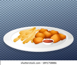 Nuggets and chips on plate illustration