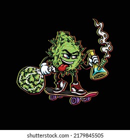 nugs weed vector hold smoking bong, weed nug bag cannabis bud flower marijuana and play skateboard with happy face