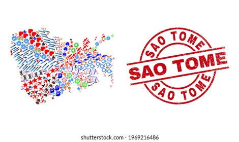 Nuku Hiva Island map collage and grunge Sao Tome red round badge. Sao Tome badge uses vector lines and arcs. Nuku Hiva Island map mosaic includes markers, houses, screwdrivers, suns, stars,