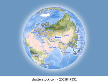 Nukus-Usbekistan wird auf der Weltkarte der Vektorgrafik angezeigt. Die Karte zeigt die Lage Nukus-Usbekistans in der Welt.