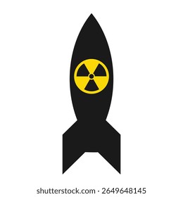 Nulear missile icon. Vector illustration. Nuclear weapon, atomic bomb, warhead, danger, and military warfare concept. Black atomic missile with a yellow radioactive hazard sign. Nuclear bomb graphic. 