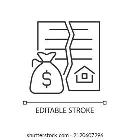 Nullified contract linear icon. Void and invalid agreement. Real estate transaction annulment. Thin line illustration. Contour symbol. Vector outline drawing. Editable stroke. Arial font used