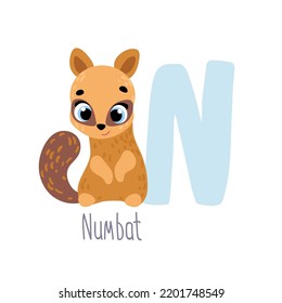 Numbat. Animal ABC. Alphabet. Cute vector alphabet with little animal. Print for kids room decoration, fabric, paper, card, t shirt, poster, textile.