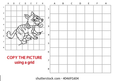 numbat educational grid game. Vector illustration of grid copy educational puzzle game with happy cartoon numbat for children