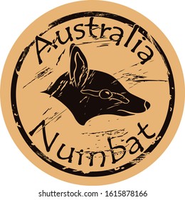 Numbat head silhouette icon vector round shabby emblem design, old retro style. Australian animal logo mail stamp on craft paper. Noombat shape vintage grunge sign. Emblem of Western Australia.