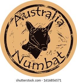 Numbat head silhouette icon vector round shabby emblem design, old retro style. Australian animal logo mail stamp on craft paper. Noombat shape vintage grunge sign. Emblem of Western Australia.