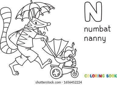 Numbat nanny ABC coloring book. Alphabet N