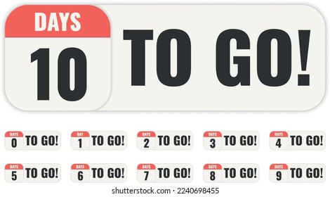 Número 0, 1, 2, 3, 4, 5, 6, 7, 8, 9, 10, de los días que quedan por recorrer. Venta de insignias de colección, página de inicio, banner.