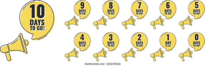 Número 0, 1, 2, 3, 4, 5, 6, 7, 8, 9, 10, de los días que quedan por recorrer. Señales de colección con venta de megáfonos, página de inicio, banner.