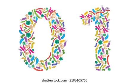 Number 0 1 made of Bacteria isolated on white background, bacteria font. Vector illustration.