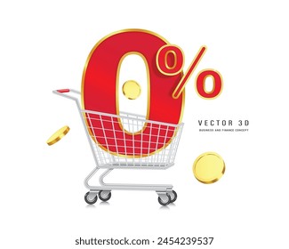 Número 0% 3D borde de oro rojo colocado en el Carrito de compras o carro Para diseñar promociones sin interés o sin honorarios, Vector 3D aislado para diseño de concepto de publicidad financiera