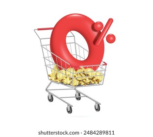 Number 0% 3D red and gold coin or money placed on shopping cart or trolley For designing promotions with no interest or no fee, vector 3d isolated for financial advertising concept design