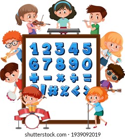 Number 0 to 9 and math symbols on banner with many kids doing different activities illustration