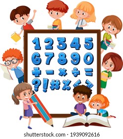 Number 0 to 9 and math symbols on banner with many kids doing different activities illustration