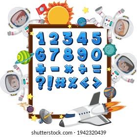 Número 0 a 9 y símbolos matemáticos en banderas con muchos niños en el espacio ultraterrestre ilustración
