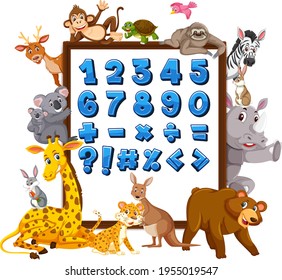 Number 0 to 9 and math symbols on banner with wild animals illustration