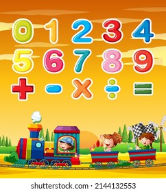 Número 0 a 9 con ilustración de símbolos matemáticos
