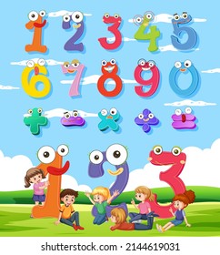 Number 0 to 9 with math symbols illustration