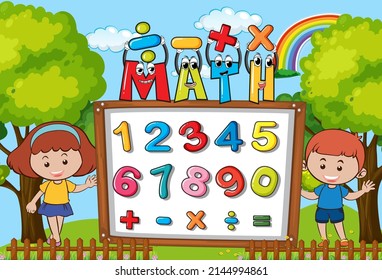 Number 0 to 9 with math symbols illustration
