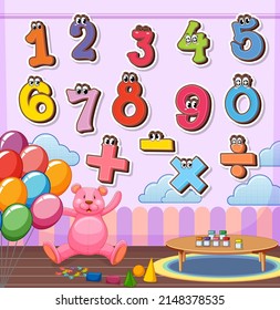 Number 0 to 9 with math symbols illustration