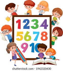 Number 0 to 9 on banner with many kids doing different activities illustration