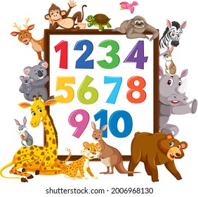 Number 0 to 9 on banner with wild animals illustration