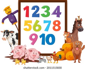 Number 0 to 9 on banner with farm animals illustration