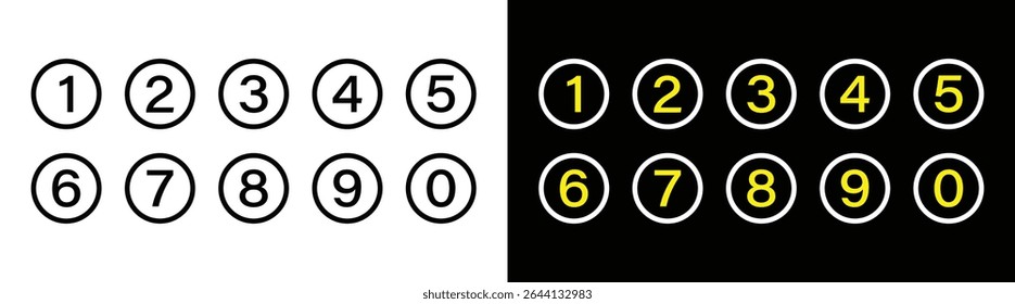 Número 0 a 9 Definido. Ícone de 0 a 9 Números para Educação com Contorno Branco e Números Amarelos.