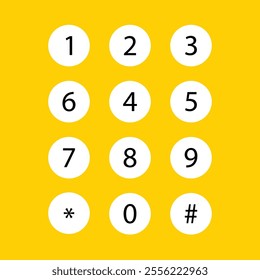 Number 0 9 in white circles on yellow background for mobile app development. smartphone dial keypad. mobile keypad with numbers for phone