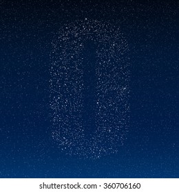 Number 0 alphabet with shiny stars, glitters, dots, points dark blue night sky. Numbers for party, birthday, anniversary or festive. Figure shining font, type, typeset of sparkles. Vector template.