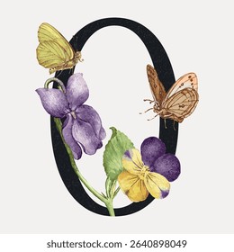 Number 0 botanical calligraphic art,, vintage vector element.