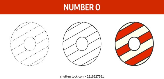 Number 0 Candy Cane, tracing and coloring worksheet for kids