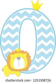 number 0 with chevron pattern. cute little lion king isolated on white background. can be used for father's day card, baby boy birth announcements, nursery decoration, party theme or invitation