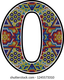 number 0 with colorful dots abstract design with mexican huichol art style 