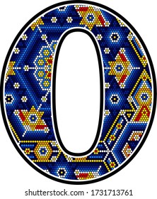 number 0 with colorful dots. Abstract design inspired in mexican huichol art style isolated on white background