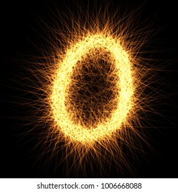 Number 0 composed from lights particles, isolated on black. Vector design.
