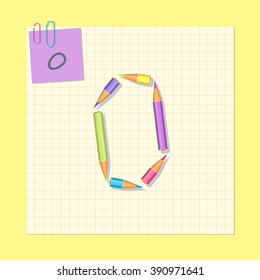The number 0 consists of colored pencils. The number 0. Vector illustration