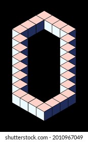Number 0 from cubes isolated on black background. Pastel pink and blue colors. Pixel, 8 bit, isometric style.