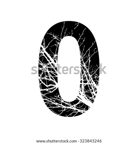  Number 0 double exposure with white tree isolated on black background.Vector illustration.Black and white double exposure silhouette lettering combined with photograph of nature. Letters  alphabet.