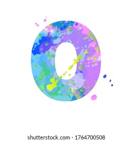 Number 0 with effect of liquid spots of paint in blue, green, pink colors, isolated on white background. Decoration element for design of a flyer, poster, calendar, cover, title. Vector EPS10