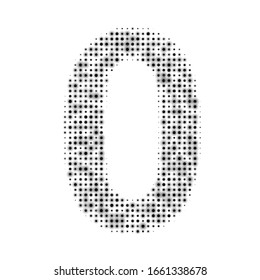 The number 0 is evenly filled with black dots of different sizes. Some dots with shadow. Vector illustration on white background