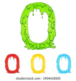 Number 0 with flow drops and goo splash. Color illustration of the symbol zero in four colors green, red, yellow, blue. Dripping liquid. Vector font in hand drawn style isolated on white background.