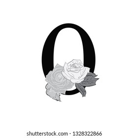 Number 0 with flowers. The composition of flowers and letters. Latin letter in monochrome retro style. Stylish decorative composition for a logo, signboard, banner, print.