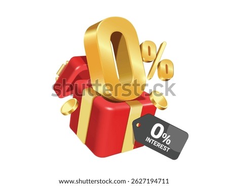 number 0% gold 3d is placed in red gift box, and there are gold coins floating in air around it. below there is promotional sign for 0% interest in black, vector 3d for free of interest and fees 